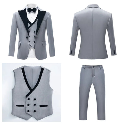 Black Velvet Collar Suit Set for Boys, Formal Graduation Suits, Slim Fitting Wedding Suit for Children, Blazer Vest Pants