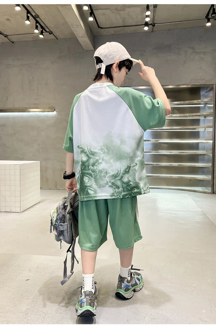 New Boys Clothing Sets Summer T-Shirt Short Sleeve+Shorts Kids Boy Sportsuit Children's Outfits Suit Teenager 5 6 8 10 12 14Yrs