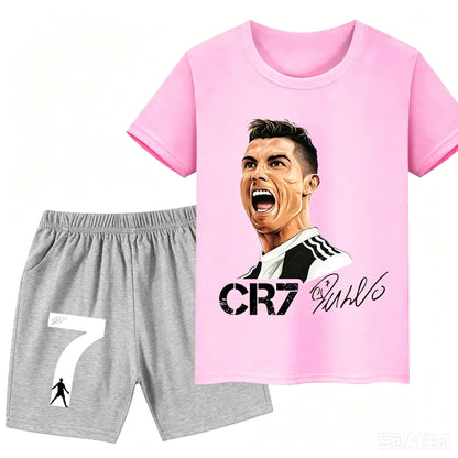 2026 Ronaldo Football Player CR7 Printed Children Clothing Casual T-shirt+Shorts 2pcs Sets Summer Kids Boys Fashion Sportsuits.