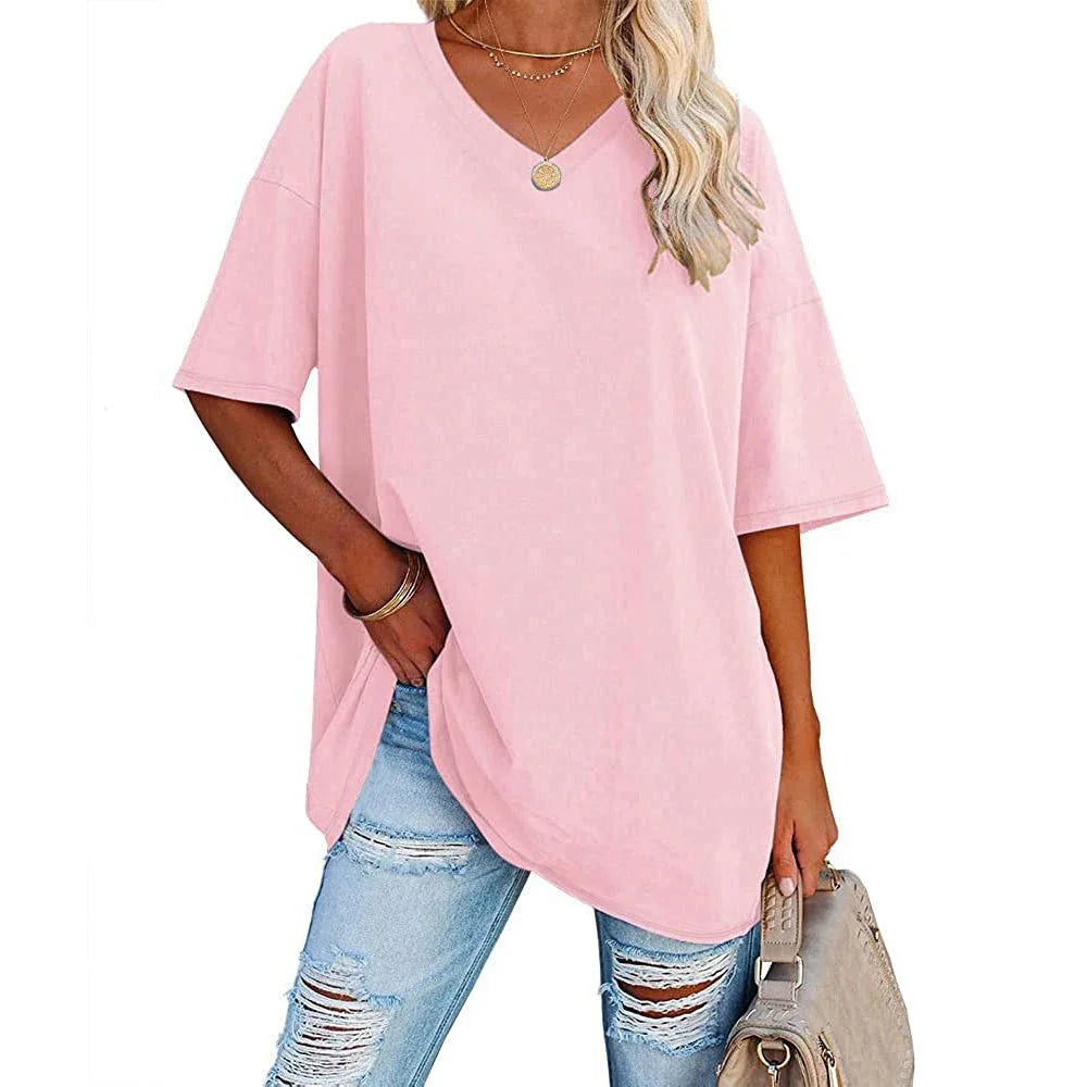 Women's Loose V-Neck Top Spring/Summer New Color Half Sleeve European American Style Clothing Amazon Foreign Trade