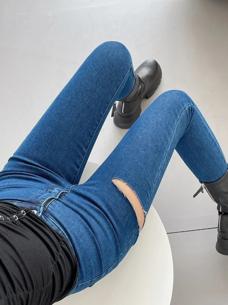 American Spicy Girls Sexy Hole Jeans Slim High Waist Elastic Feet Pencil Pants Trousers Fashion Women BOF8