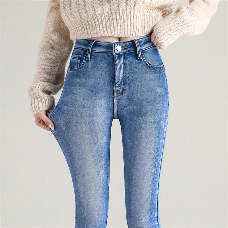 2023 Fashion Women Stretch High Waist Pencil Pants Casual Female Velvet Jeans High Quality Fleece Mom Jeans Thick Plush Pants