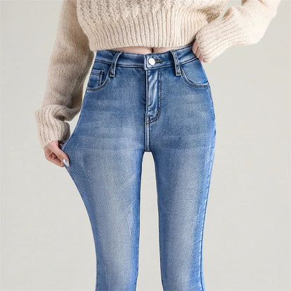2023 Fashion Women Stretch High Waist Pencil Pants Casual Female Velvet Jeans High Quality Fleece Mom Jeans Thick Plush Pants