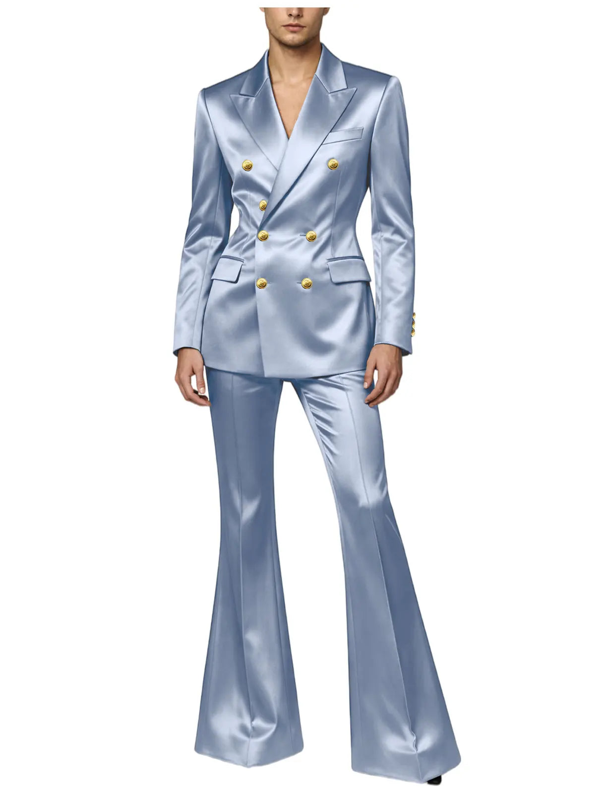 Men's Double Breasted Satin Suit Set 2 Piece Notch Lapel Gold Button Blazer Flare Pants Formal Wedding Prom Party Groom Outfit