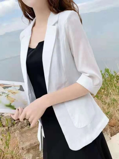 Summer New Sle Women's Linen Suit Jaet Thin Seven-Quarter Sve Drapey Fit Formal Wear Casual Commute Pure Color