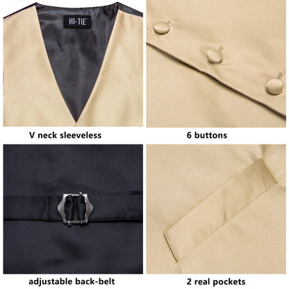 Champagne Mens Vest Tie Set Fashion Paisley Jacquard Western Waistcoat Necktie Hanky Cufflinks Wedding Business Gift Hi-Tie