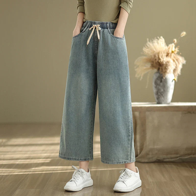 Artistic Wide Leg Denim Jeans Women's Loose Fit Nine-Piece Vintage Slim Straight Cut Trousers Spring Faion Elastic Waist