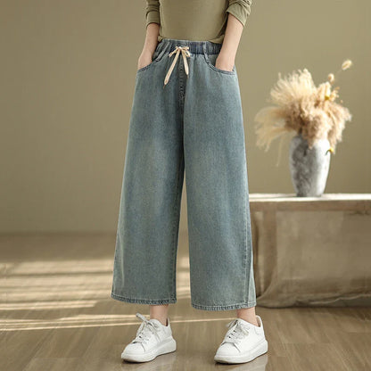 Artistic Wide Leg Denim Jeans Women's Loose Fit Nine-Piece Vintage Slim Straight Cut Trousers Spring Faion Elastic Waist