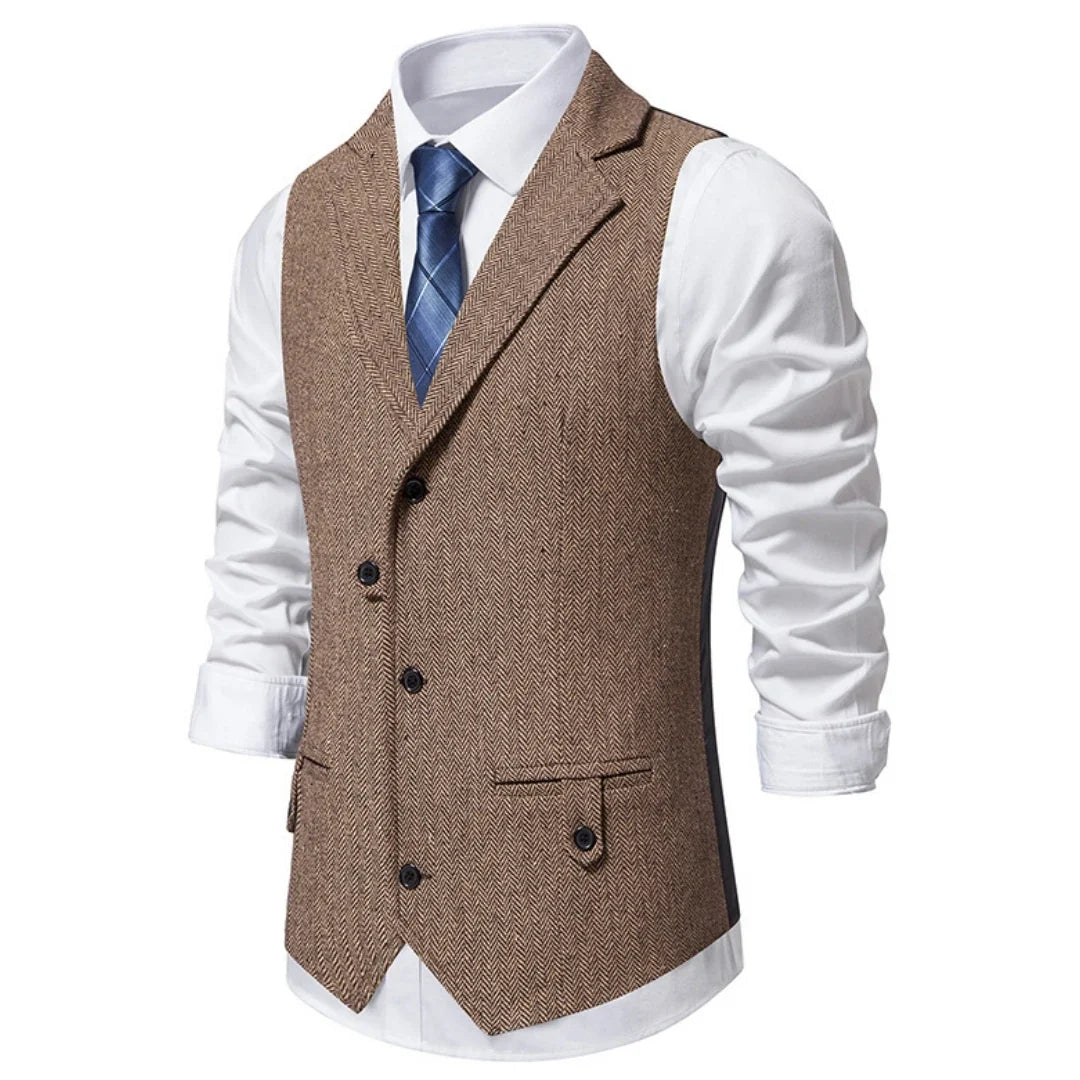 Men Vest Brown Herringbone Single Button Solid With Lapel Waistcoat For Wedding Groom Business Banquet Office Work Men Suit Vest