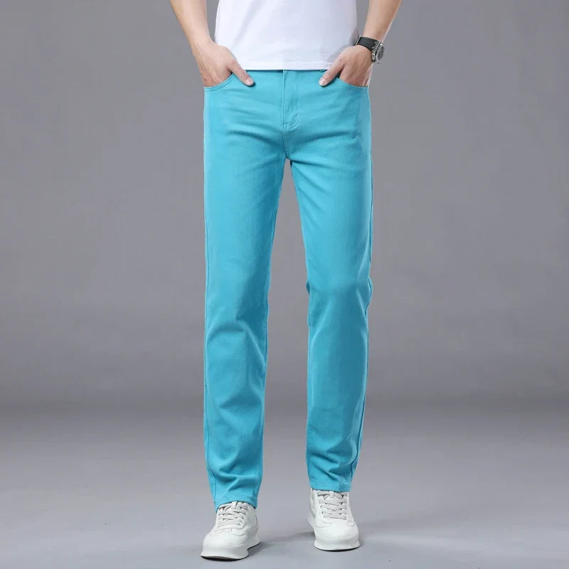 Spring New Men's Casual Jeans Fashion Korean Elastic Cotton Denim Pants Youth Trend Solid Color Fit Straight Trousers
