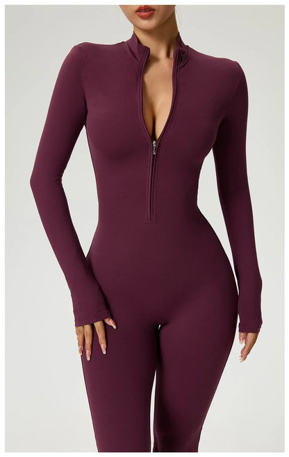 Zipper Jumpsuit Flared Pants Women Clothing Sportswear Gym Yoga Sport Sets Spandex Nylon Workout Sets Women Tracksuit