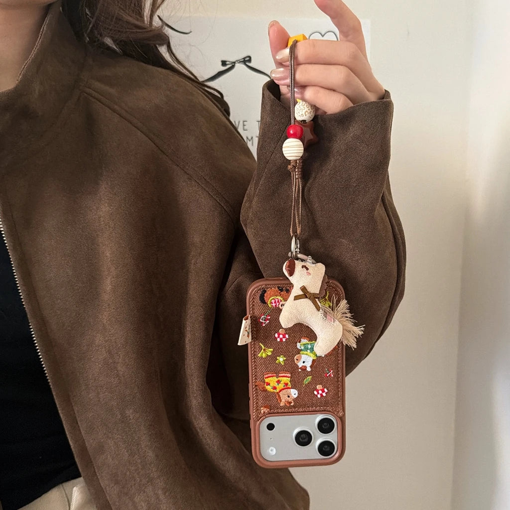 Cute Brown Embroidered Pony Mushroom With Lanyard Shockproof Protective Phone Cover Case for iPhone 17 16 15 14 Pro Max