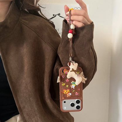 Cute Brown Embroidered Pony Mushroom With Lanyard Shockproof Protective Phone Cover Case for iPhone 17 16 15 14 Pro Max