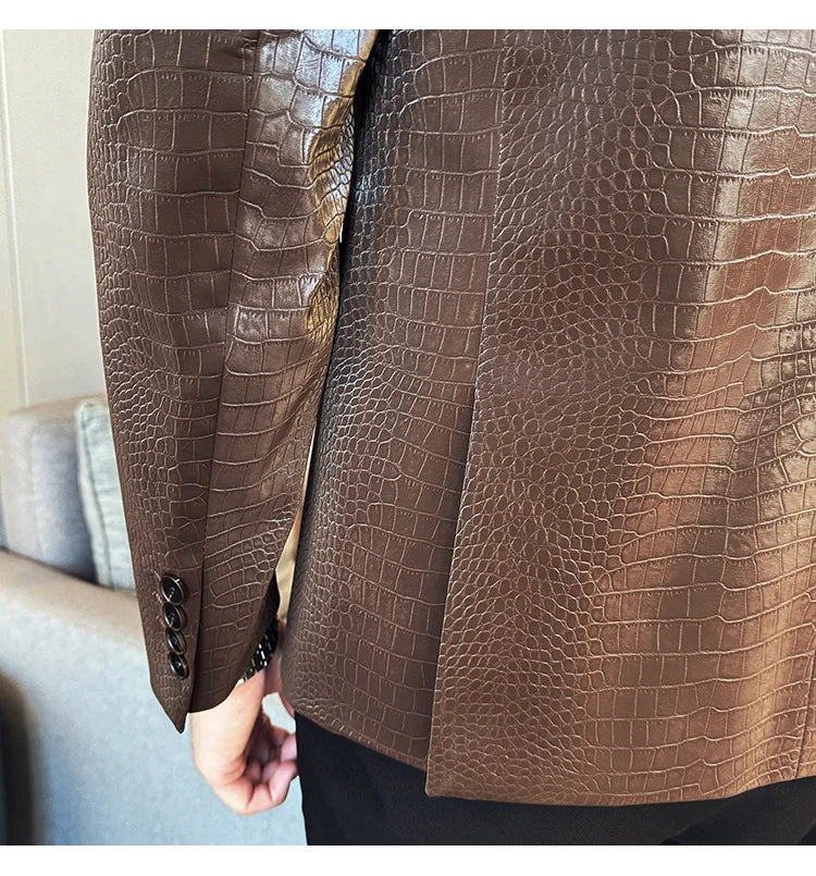 New High Quality Crocodile Stripe Slim Fit Leather Jacket Classic Business Casual Slim Fit Men Blazer Tuxedos Men Clothing 4XL-M