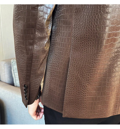 New High Quality Crocodile Stripe Slim Fit Leather Jacket Classic Business Casual Slim Fit Men Blazer Tuxedos Men Clothing 4XL-M