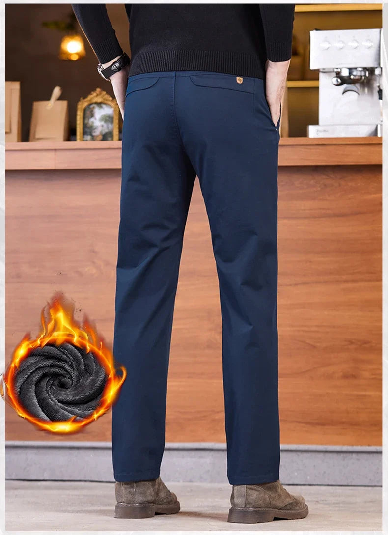 2025 Winter Fleece Pants Men's Pocket Fashion Thickened Cotton Stretch Comfort Plush Straight Business Pants Male