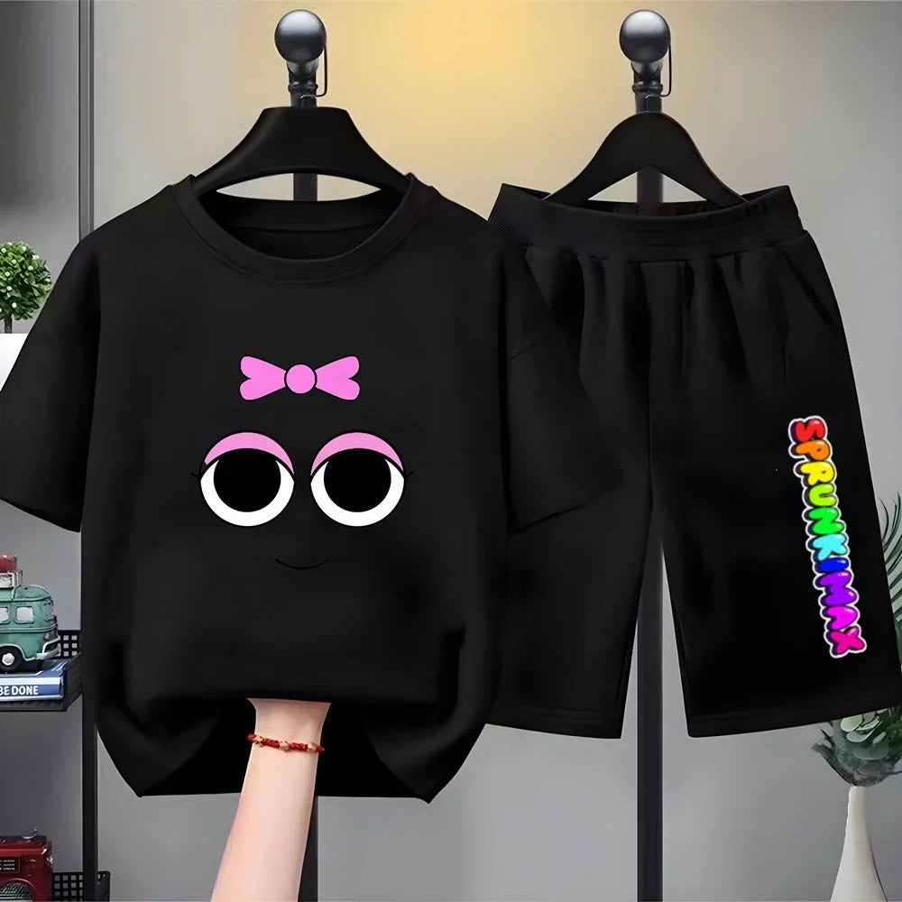 Summer Boys Girls Age 3-12 Tee+Shorts Suit Children Short Sleeve T-Shirts Child Casual Pink Black Clothes Sprunki Graphics