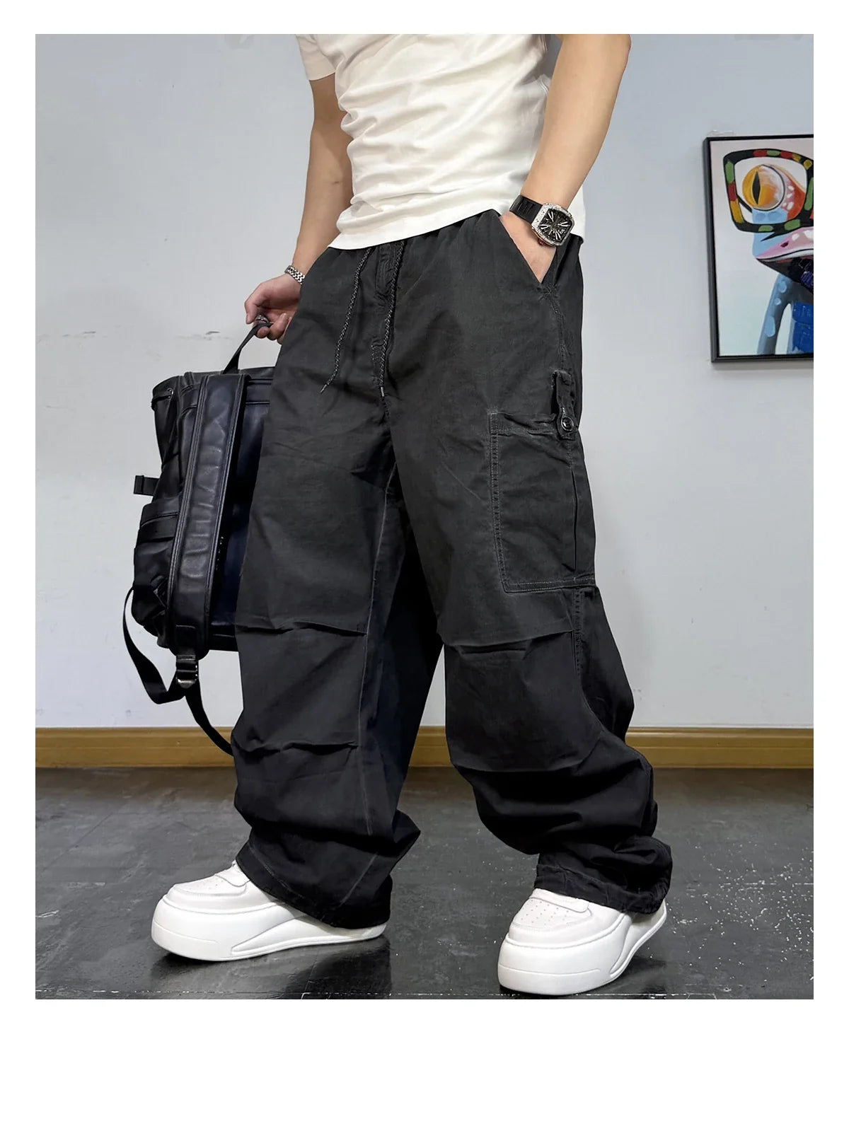 Mens American Vintage Baggy Cargo Pants Multi Pocket Distressed 100% Cotton Straight Leg Loose Fit Premium Quality Pants Trendy