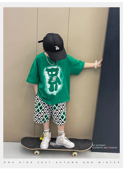 Summer Boys Cotton Short-Sleeved T-shirt Tops+Drawstring Shorts Pant School Kids 2PCS Tracksuit Child Outfit Workout Set 3-14 Yr