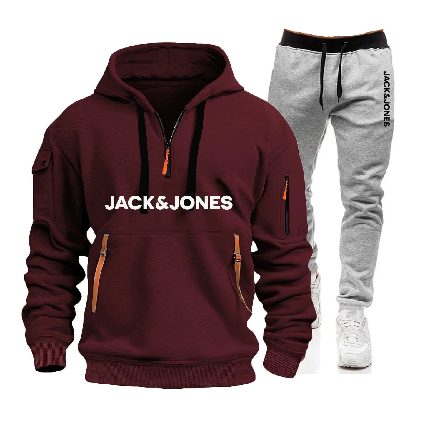 Two sets of men's sportswear for autumn/Winter 2025, including a sweatshirt and two sets of fitness jogging pants with wool caps