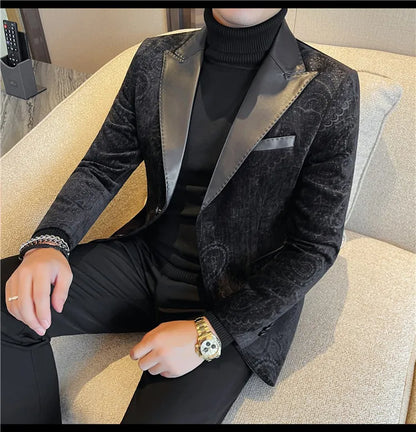 2025 Fashion Leather Neck Spliced Suit Jacket Luxury Men's Business Slim Fit Social Formal Blazers Coats Wedding Groom Tuxedos