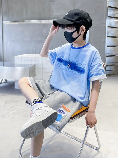 Summer Boys Cotton Alphabet Embossing t-Shirt Tops+Drawstring Short Pants Set School Kids Tracksuit Child Outfit Suit 5-16 Years