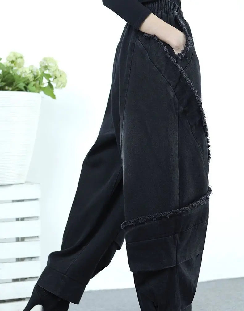 Black Wide-leg Jeans Harlan Pants Loose Fashion Casual Full Length High Waist Patchwork Print Pocket Jeans Women Clothes Spring