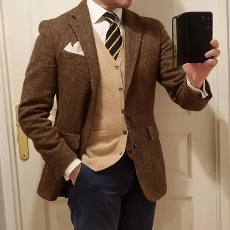 Men's Blazer Herringbone Single Breasted Casual Elegant Man Suit Jackets Coat High Quality Men's Stage Clothing Male Clothes