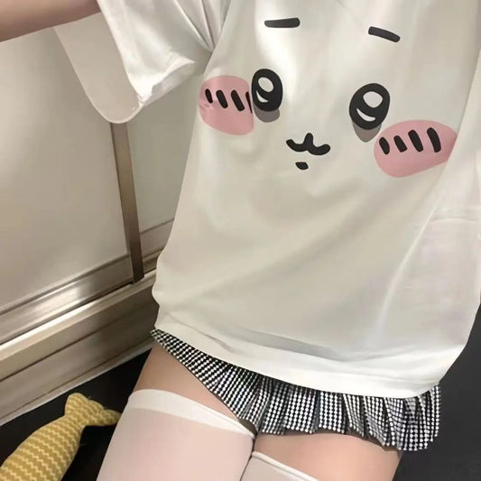 Japanese White Sweet T-shirt Kawaii Cartoon Expression Print Tshirt Preppy Cute Casual Tee Fashion Harajuku Girls All Match Tops
