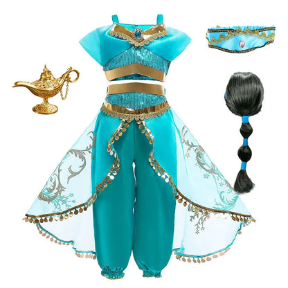 Children Aladdin Lamp Dress Kids Jasmine Costume Girls Birthday Princess Cosplay Shoulderless Outfit Carnival Clothes 3-10T