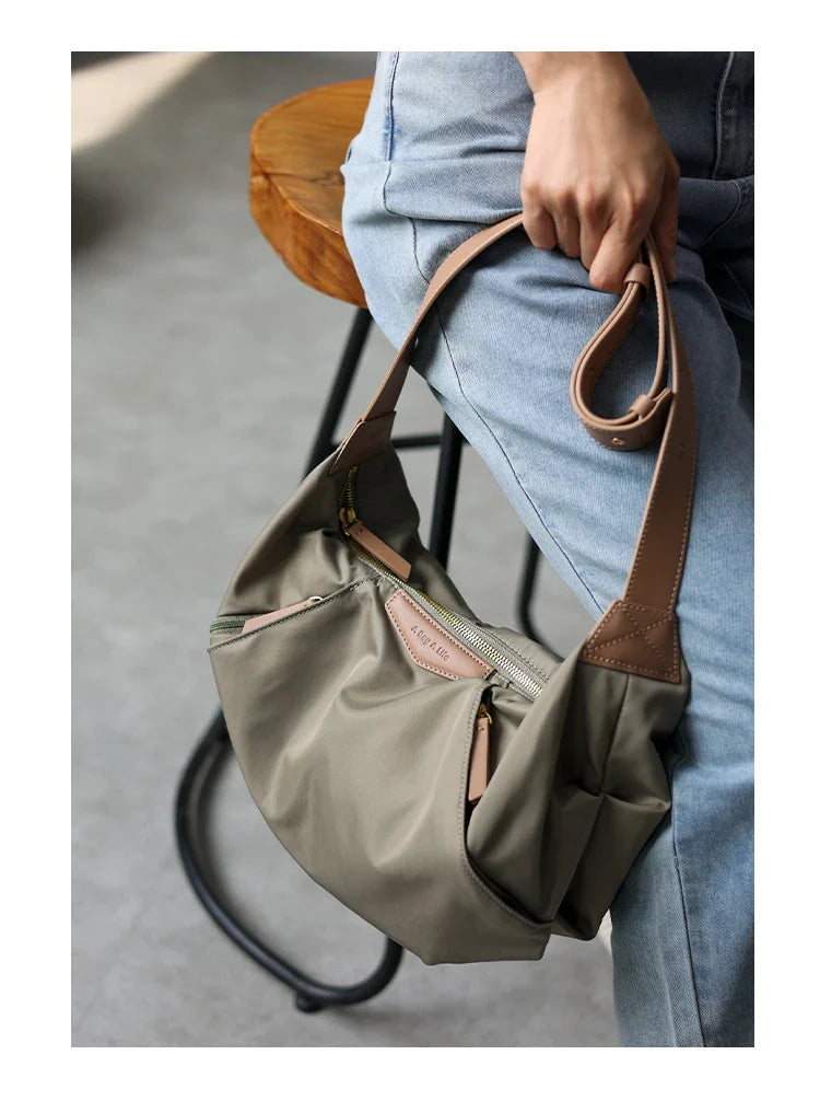 Lightweight Nylon Matching Genuine Leather Crossbody Bag High Quality Single Shoulder Bags Fashion Pleated Messenger Purses