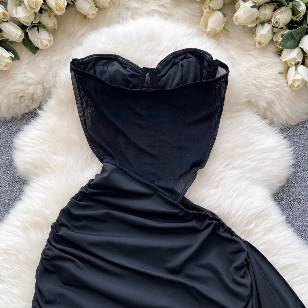 American Sexy Hollowed-out Waist Tube Top Dress for Women's Pleated Waist Hip-wrapped Streamer Girl's Short Dress