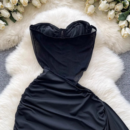 American Sexy Hollowed-out Waist Tube Top Dress for Women's Pleated Waist Hip-wrapped Streamer Girl's Short Dress