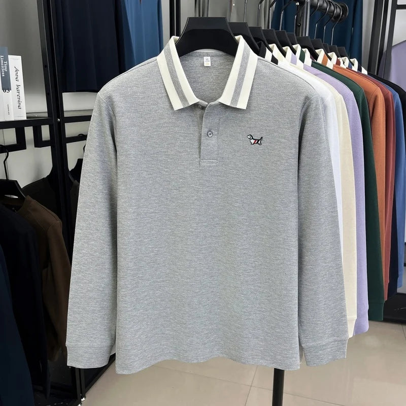 Men's 100% Cotton Original Design Printed Long Sleeved Polo Shirt Spring Autumn Simple Fashion Business Lapel T-shirt Men's Wear