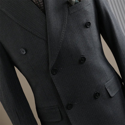 High Quality Mens Suit Formal Business Slim Fit Double-breasted Striped Suit Set Groom Wedding Dress Party Tuxedo Men's Clothing