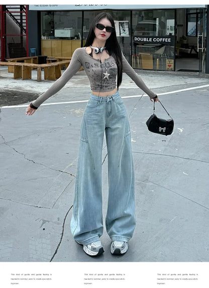 High Waisted Wide Leg Jeans Women Cotton Retro Denim Y2k Loose Fashion Design Sense Pant Streetwear Baggy Straight Trouser Woman