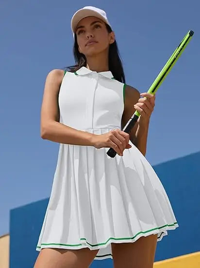 Anfilia Women Tennis Dress Polo Half Zipper Pleated with Built in Bra Separate Shorts One-Piece Slim Fit with Pockets Golf Dress