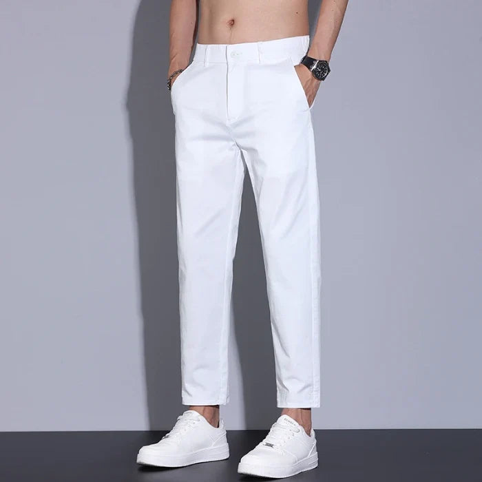High Quality Summer Men's White Ankle Length Casual Pants 97%Cotton Breathable Straight Business Slim Work Chino Trousers Man