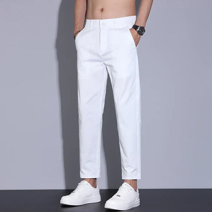 High Quality Summer Men's White Ankle Length Casual Pants 97%Cotton Breathable Straight Business Slim Work Chino Trousers Man