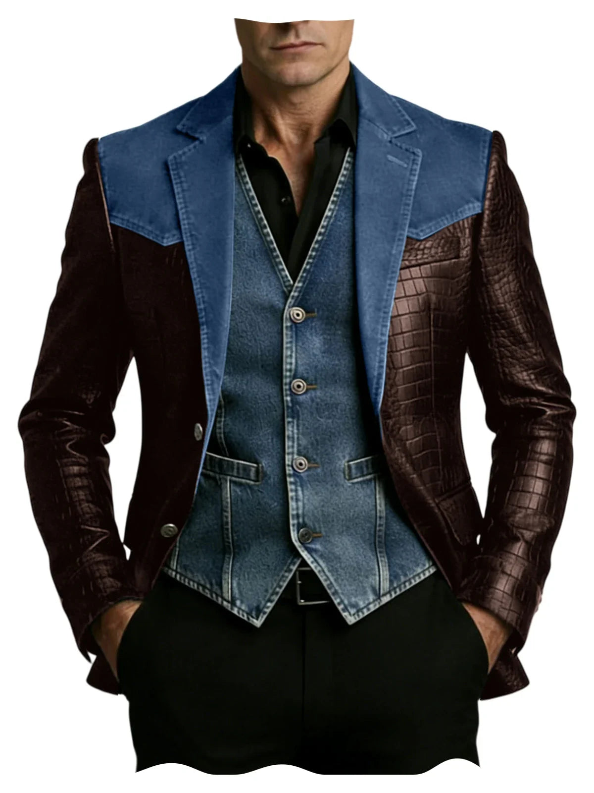 Men's Patchwork Denim & Crocodile Leather Blazer Two-Tone Western Style Suit Jacket Vintage Casual Fashion Coat