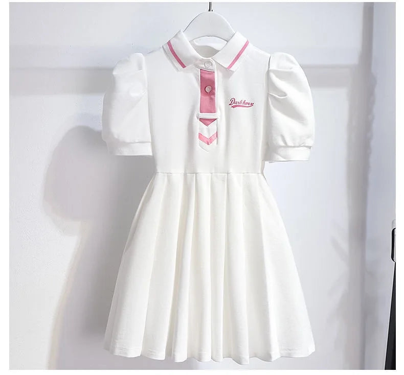 1pcs Summer Children's Dress Girl's Korean Edition Bubble Sleeves Flip Collar Dress Kids Princess Dress Baby Sweet Pleated Skirt