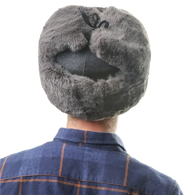 Soviet Badge Ushanka Men Winter Bomber Hats CCCP Pilot Faux Rabbit Fur Earflap Army Trapper Trooper Hat Russia Snow Cap