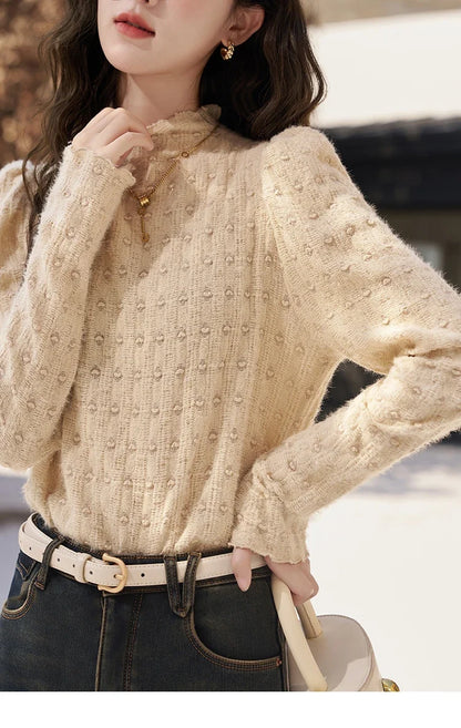 Lace Bottoming Shirt Women Autumn Winter Mock Neck Long Sleeve Knitted Pullover French Warm Inner Top Female MXC58Z0481