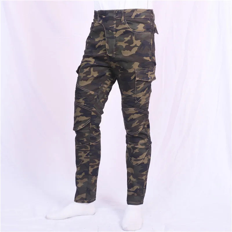 Jungle Camouflage Leisure Men Motorcycle Outdoor Riding Rider  Jeans Equipment Protective Gear Road Racing Stretch Pants