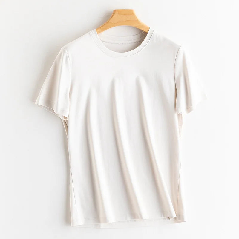Women Solid T shirts, Silk Cotton Blend, O Neck, Short Sleeved Solid Tee,2025 Summer Candy Colors Basic Cozy Top Green