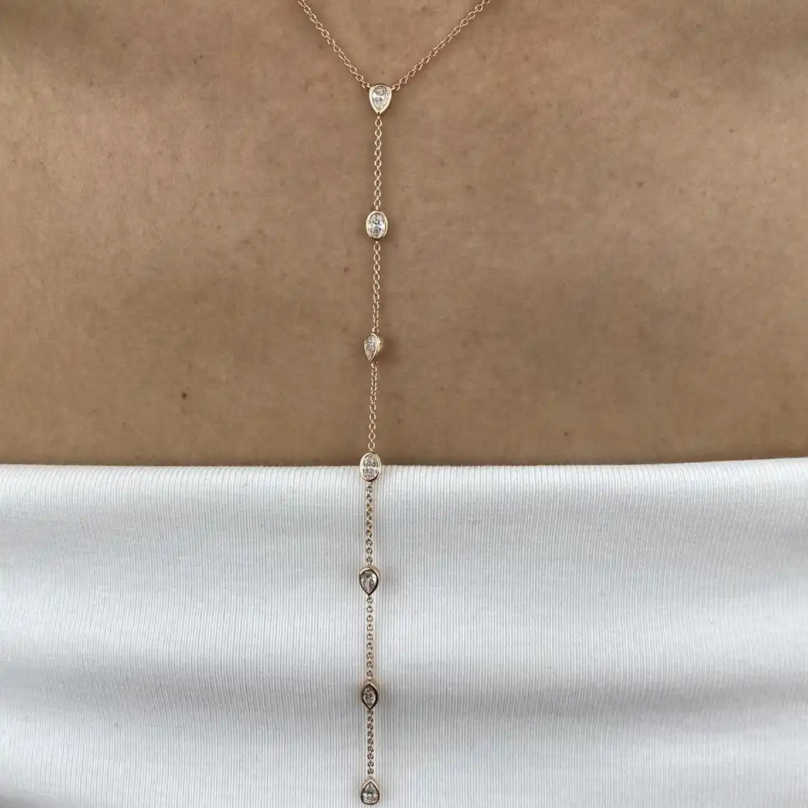 Multi Shape Moissanite Lariat Necklace for Women S925 Silver Bezel Set Pear/Oval Marquise Diamond Long Tassel Drop Necklace