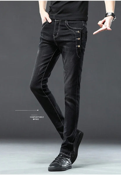 Classic Slim Vintage Fashion Men's Designer Jeans Snowflake Grey Wash Korean Fashion Stretch Pants Multi-button Denim Trousers