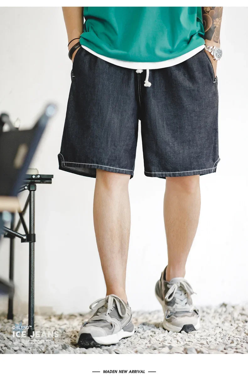 Vintage Cool-Touch Denim Shorts Men's Summer Lightweight Straight Leg Elastic Waist Jeans Shorts Breathable Casual Bottom