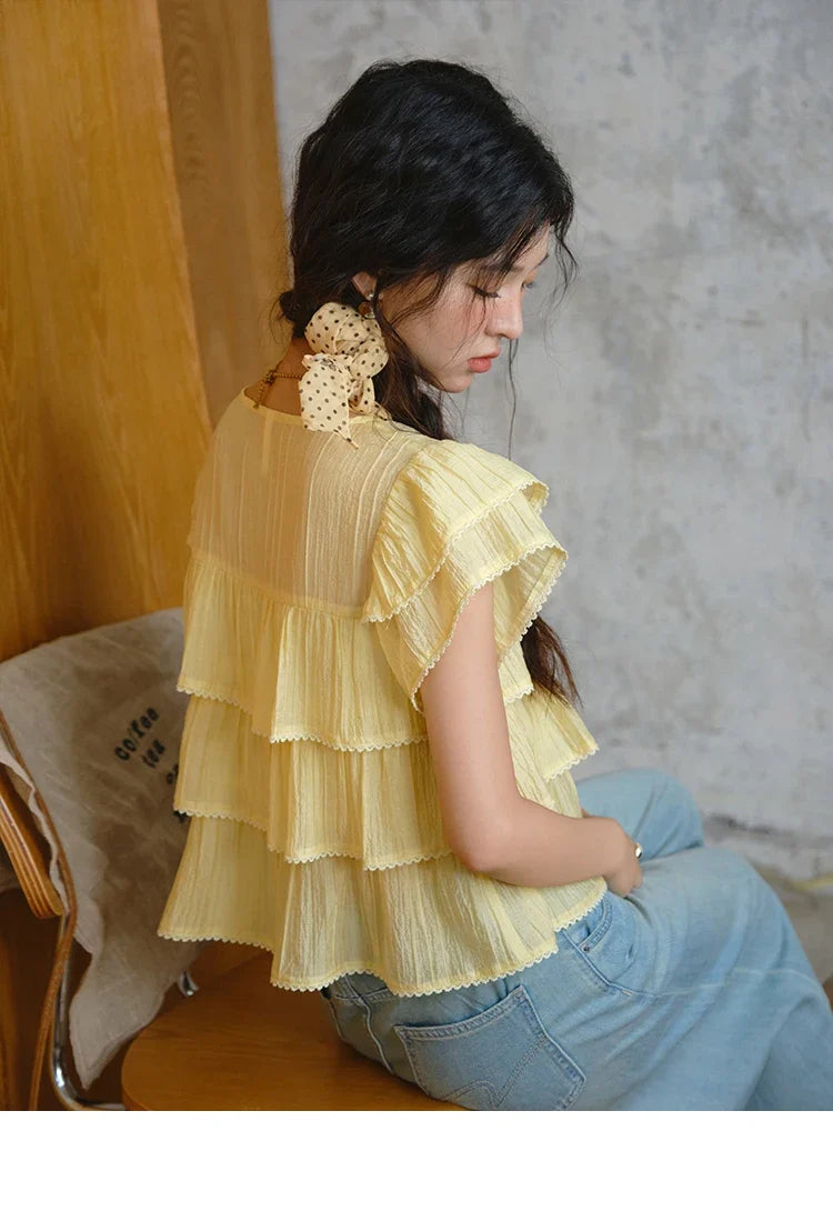 Butterfly Sleeve Chiffon Shirt Women's 2025 Summer New Women's Clothing Retro Square Neck Button Casual Shirt MXD30X1488