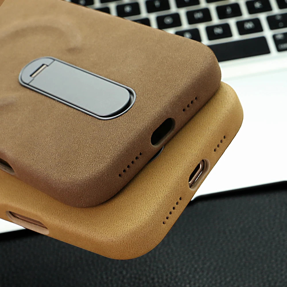 For iPhone 17 Pro Protective Case With Metal Rotatable Kickstand Suede Artificial Leather Phone Case For iPhone 17 16 15 Pro Max